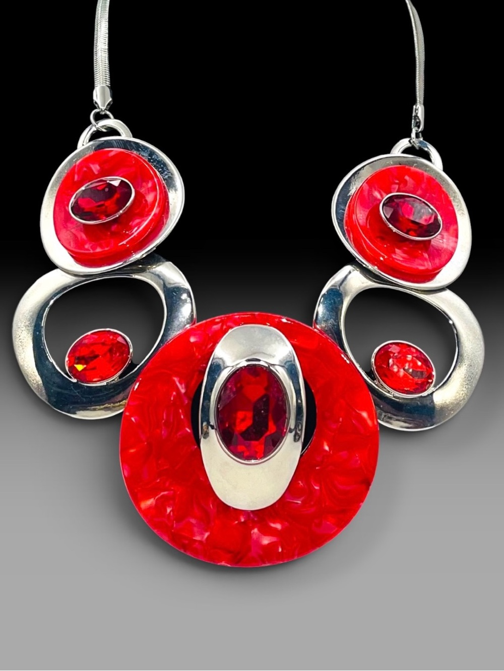 Vintage Chunky Silver Tone Geometric Bib Necklace Red Acrylic Statement Piece